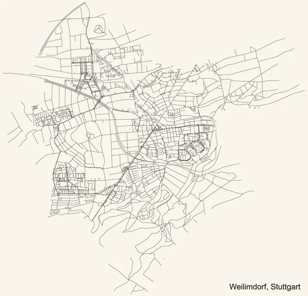 Schwarze Schlichte Straßenkarte Auf Beigem Hintergrund Des Stadtbezirks Weilimdorf Stuttgart — Stockvektor