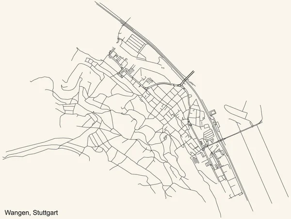 Schwarze Einfache Detaillierte Straßenkarte Auf Beigem Hintergrund Des Stadtbezirks Wangen — Stockvektor
