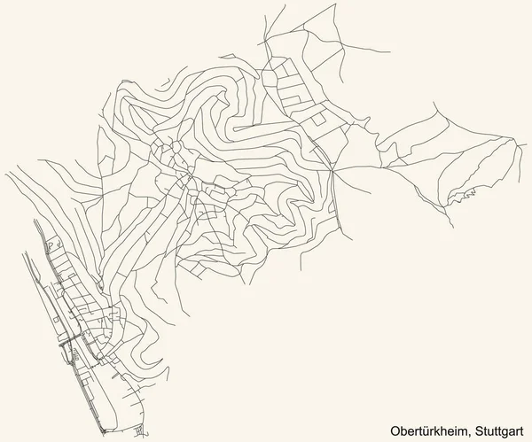 Schwarze Einfache Detaillierte Straßenkarte Auf Beigem Hintergrund Des Stadtbezirks Obertrkheim — Stockvektor