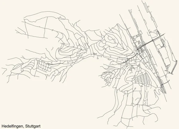 德国斯图加特市Stadtbezirk Hedelfingen区街区旧式米色背景的黑色简单而详细的街道路线图 — 图库矢量图片