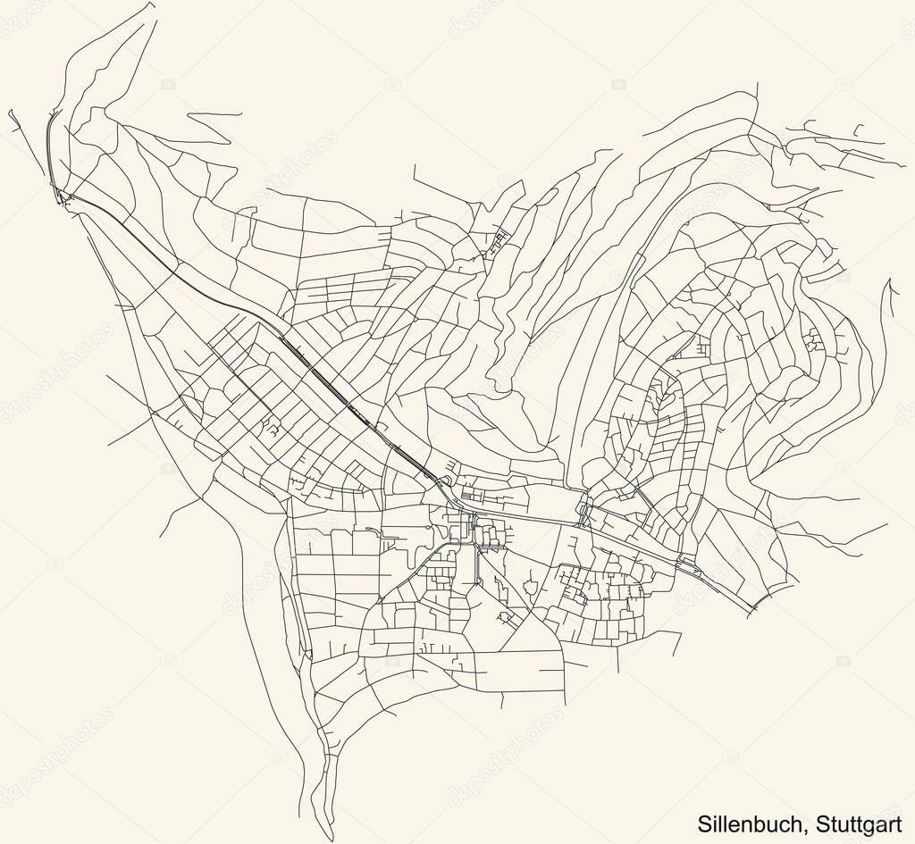 Black simple detailed street roads map on vintage beige background of the quarter Stadtbezirk Sillenbuch district of Stuttgart, Germany