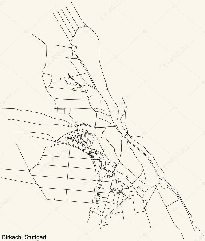 Black simple detailed street roads map on vintage beige background of the quarter Stadtbezirk Birkach district of Stuttgart, Germany