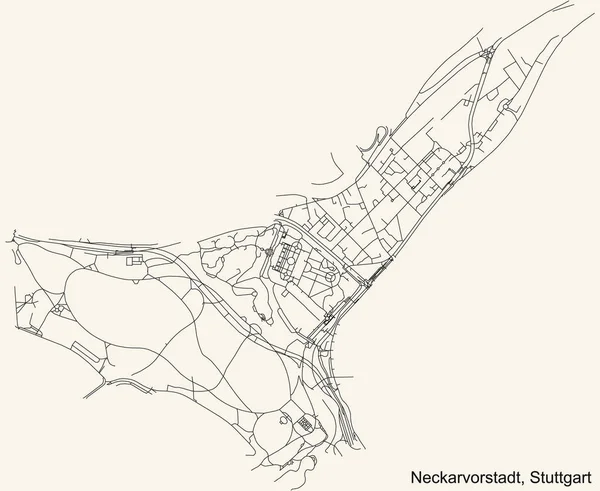 Schwarze Einfache Straßenkarte Auf Beigem Hintergrund Des Stadtteils Neckarvorstadt Stadtteil — Stockvektor