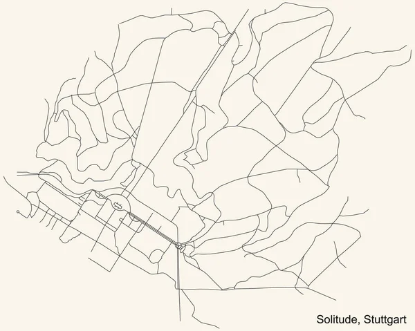 Schwarze Einfache Detaillierte Straßenkarte Auf Beigem Hintergrund Des Stadtteils Solitude — Stockvektor