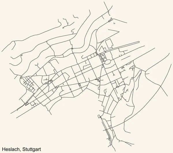 Schwarze Einfache Detaillierte Straßenkarte Auf Beigem Hintergrund Des Stadtteils Heslach — Stockvektor