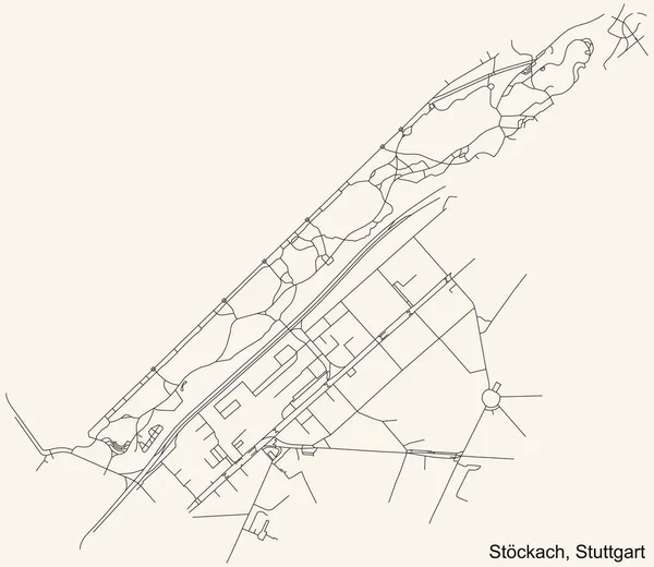 德国斯图加特奥斯特区 District Ost Stuttgart 四分之一的旧式米色背景的黑色简单而详细的街道路线图 — 图库矢量图片