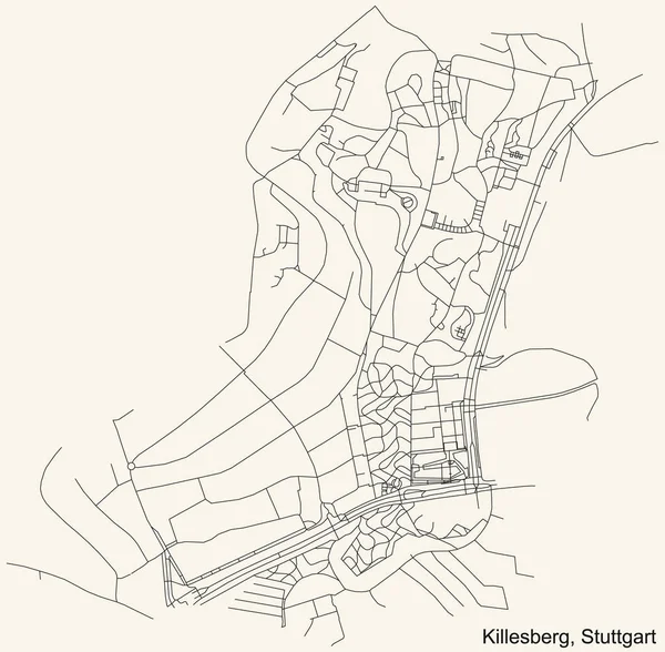 Schwarze Einfache Detaillierte Straßenkarte Auf Beigem Hintergrund Des Stadtteils Killesberg — Stockvektor