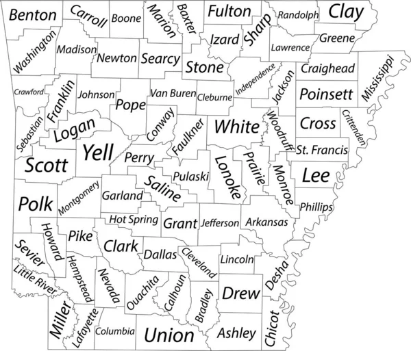 Vit Blank Vektorkarta Över Delstaten Arkansas Usa Med Svarta Gränser — Stock vektor