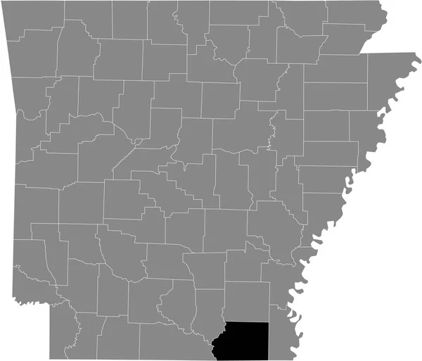 アメリカ合衆国アーカンソー州の灰色の地図の中にあるアッシュリー郡の黒いハイライトされた場所 — ストックベクタ