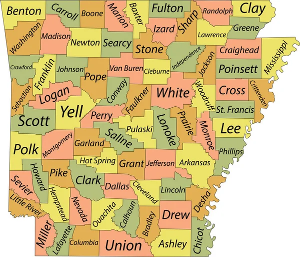 Arkansas Szövetségi Állam Usa Pasztell Vektortérképe Fekete Határokkal Megyéi Nevével — Stock Vector
