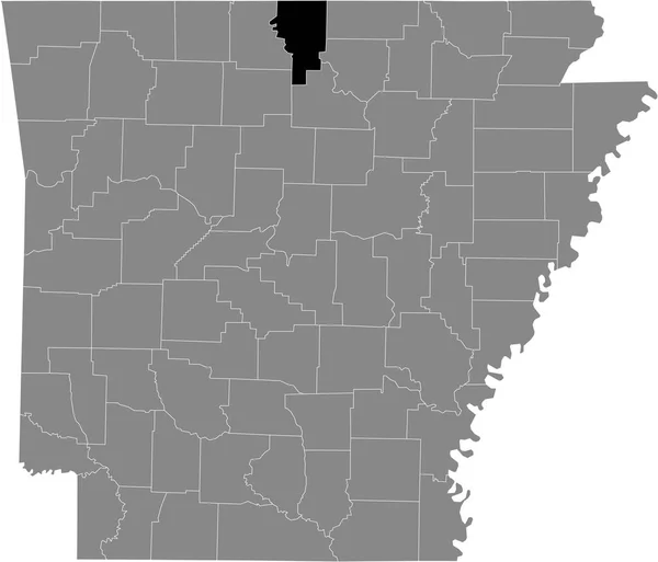 米国アーカンソー州の灰色の地図の中の米国バクスター郡の黒い強調表示された場所 — ストックベクタ