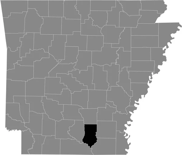 米国アーカンソー州の灰色の地図の中の米国ブラッドリー郡の黒い強調表示された場所 — ストックベクタ