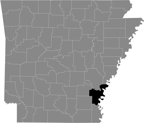 米国アーカンソー州の灰色の地図の中にある米国デシェ郡の黒いハイライトされた場所 — ストックベクタ