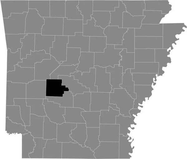 米国アーカンソー州の灰色の地図の中の米国ガーランド郡の黒い強調表示された場所 — ストックベクタ