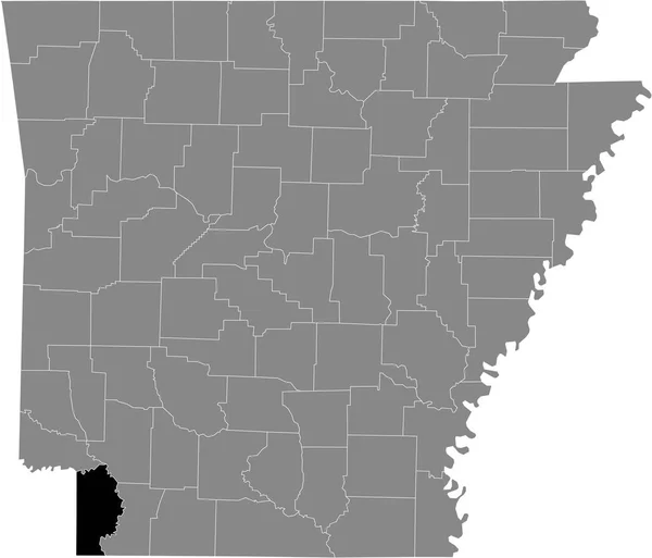 米国アーカンソー州の灰色の地図の中の米国ミラー郡の黒い強調表示された場所 — ストックベクタ