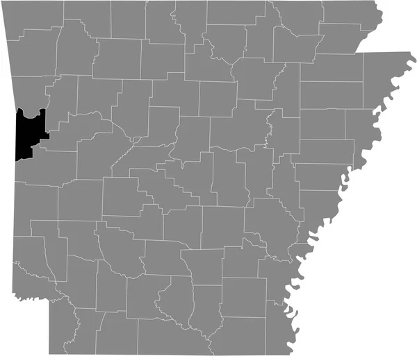 アメリカ合衆国アーカンソー州の灰色の地図の中にあるアメリカ合衆国セバスチャン郡の黒いハイライトされた位置図 — ストックベクタ