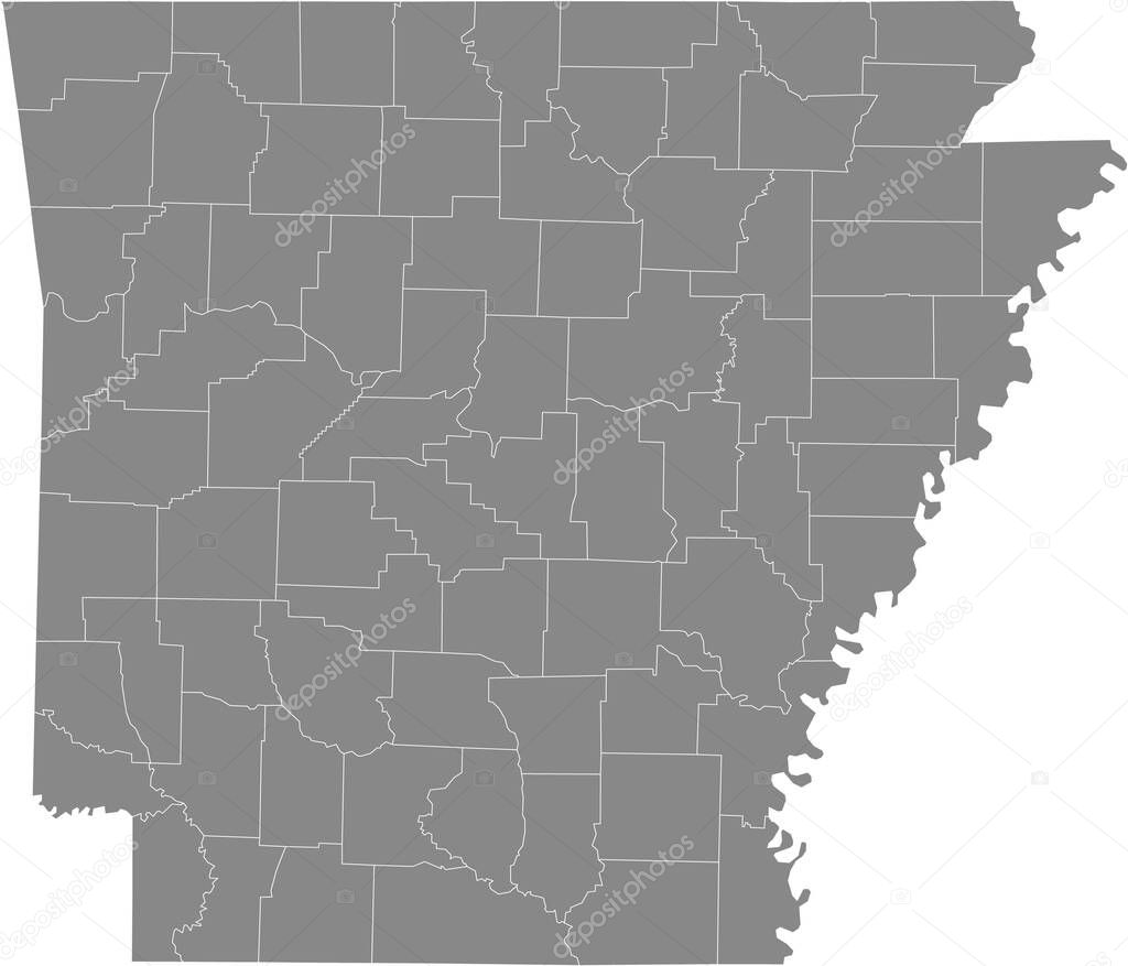 Gray vector map of the Federal State of Arkansas, USA with white borders of its counties