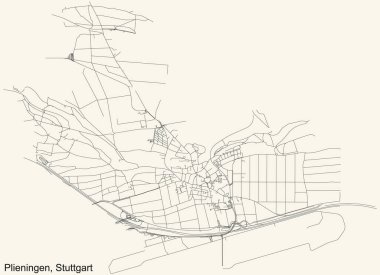 Almanya 'nın Stuttgart eyaletinin Plieningen ilçesinin eski bej rengi arka planında siyah basit ayrıntılı yol haritası