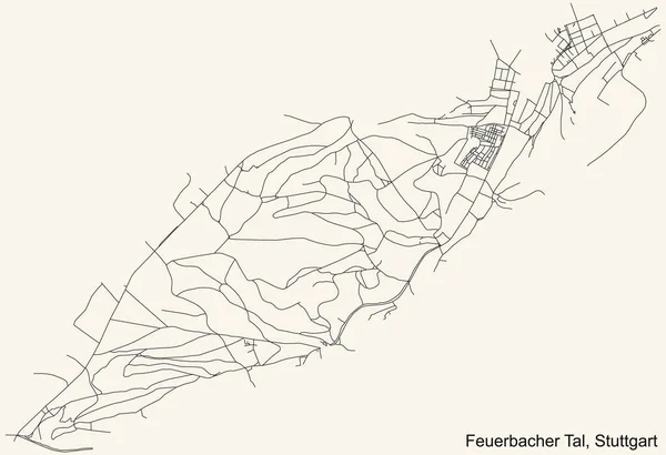 德国斯图加特Feuerbach区Feuerbach的Feuerbacher Tal小区旧式米色背景的单色详细街道路线图 — 图库矢量图片