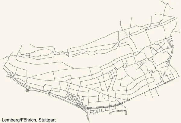 Schwarze Einfache Detaillierte Straßenkarte Auf Beigem Hintergrund Des Stadtteils Lemberg — Stockvektor