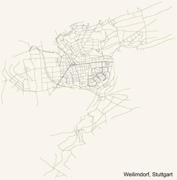 Schwarze Einfache Detaillierte Straßenkarte Auf Beigem Hintergrund Des Stadtteils Weilimdorf — Stockvektor