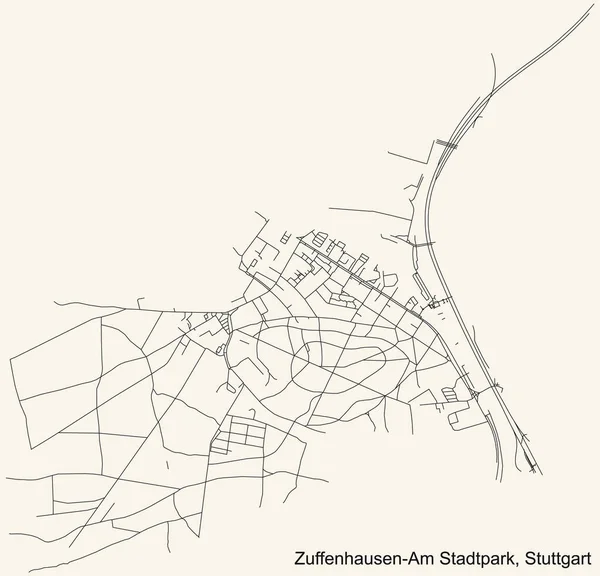 Czarna Prosta Szczegółowa Mapa Ulic Beżowym Tle Kwartału Zuffenhausen Stadtpark — Wektor stockowy