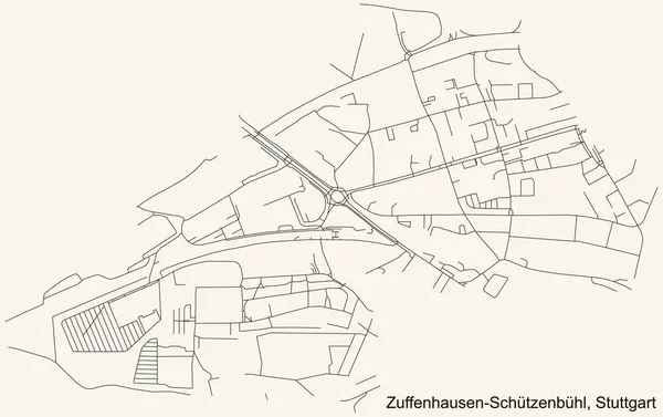 Czarna Prosta Szczegółowa Mapa Ulic Beżowym Tle Kwartału Zuffenhausen Schtzenbhl — Wektor stockowy