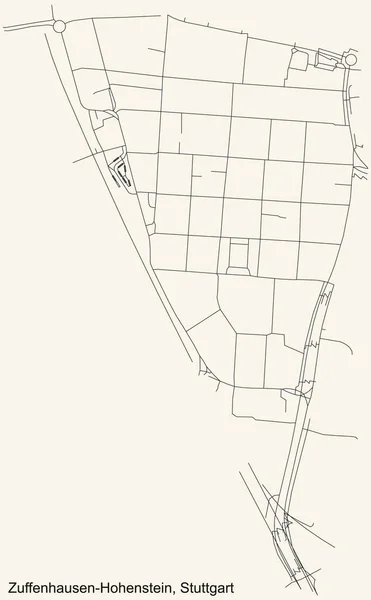 Schwarze Einfache Detaillierte Straßenkarte Auf Beigem Hintergrund Des Stadtteils Zuffenhausen — Stockvektor