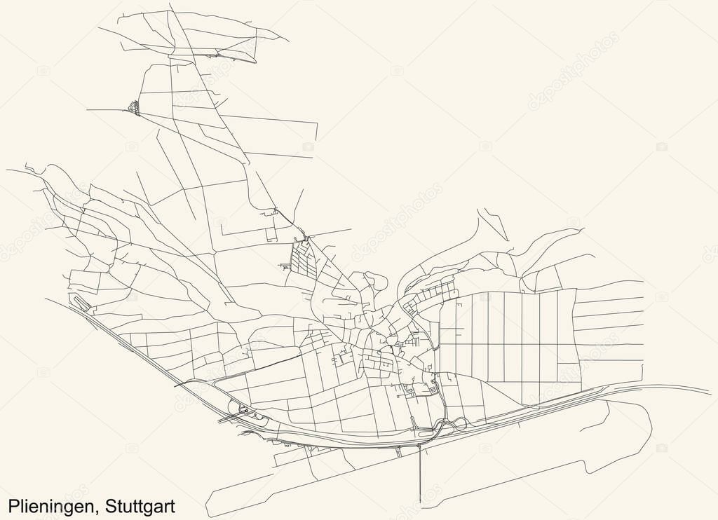 Black simple detailed street roads map on vintage beige background of the quarter Plieningen of district Plieningen of Stuttgart, Germany