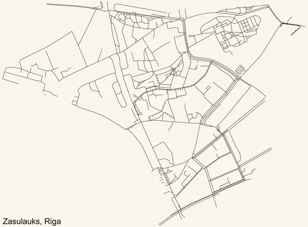Schwarze Einfache Detaillierte Straßenkarte Auf Beigem Hintergrund Des Stadtviertels Zasulauks — Stockvektor