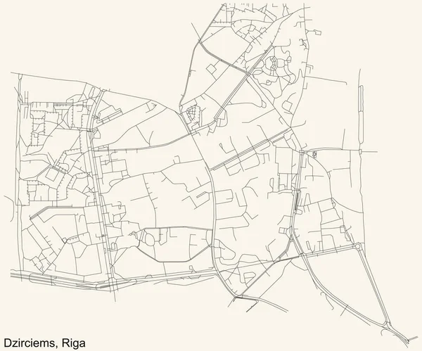 Schwarze Einfache Detaillierte Straßenkarte Auf Beigem Hintergrund Des Stadtviertels Dzirciems — Stockvektor