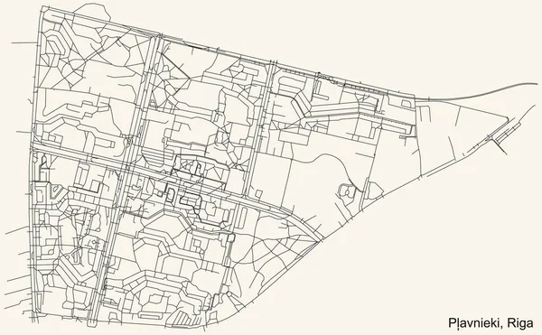 Schwarze Einfache Detaillierte Straßenkarte Auf Beigem Hintergrund Des Stadtviertels Pavnieki — Stockvektor