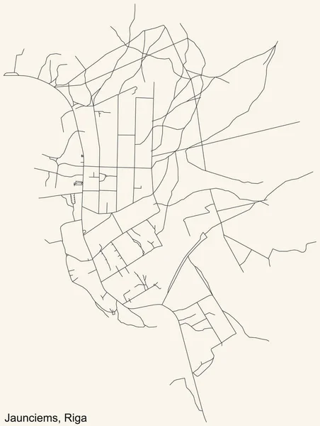 Schwarze Einfache Detaillierte Straßenkarte Auf Beigem Hintergrund Des Stadtviertels Jaunciems — Stockvektor