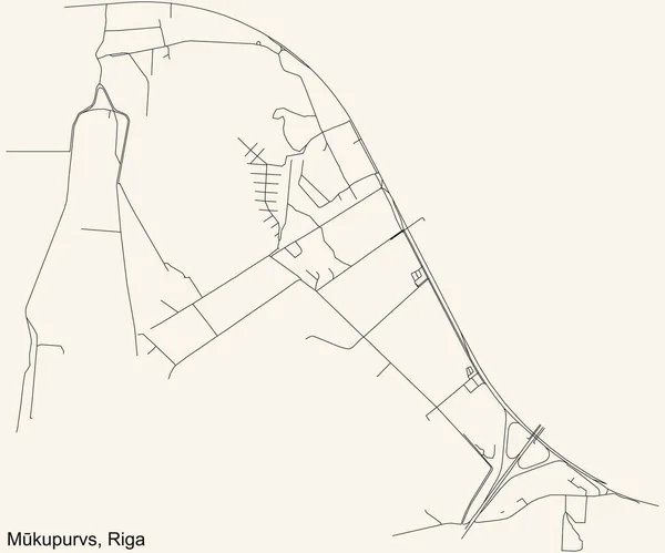 Schwarze Einfache Detaillierte Straßenkarte Auf Beigem Hintergrund Des Stadtviertels Mkupurvs — Stockvektor