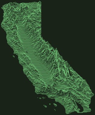 Topographic military radar tactical map of the Federal State of California, USA with emerald green contour lines on dark green background clipart
