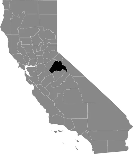 米国カリフォルニア州の灰色の地図の中の米国トゥオルム郡の黒いハイライトされた場所 — ストックベクタ