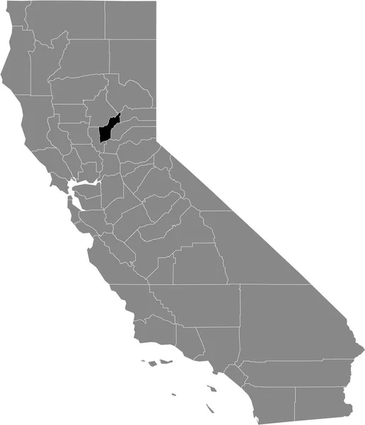 アメリカ合衆国カリフォルニア州の灰色の地図の中のアメリカ合衆国ユバ郡の黒いハイライトされた場所 — ストックベクタ