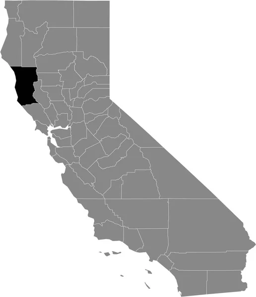 米国カリフォルニア州の灰色の地図の中にある米国メンドシーノ郡の黒いハイライトされた場所 — ストックベクタ