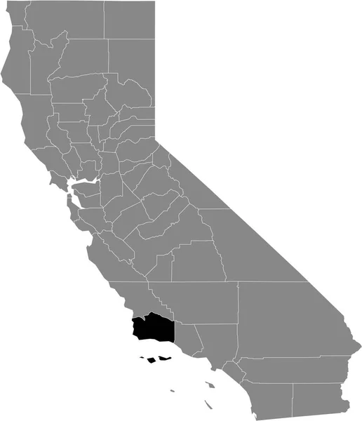 アメリカ合衆国カリフォルニア州の灰色の地図の中にあるアメリカ サンタバーバラ郡の黒いハイライトされた位置図 — ストックベクタ