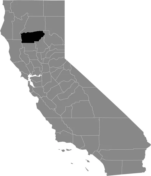 アメリカ合衆国カリフォルニア州の灰色の地図の中の米国テハマ郡の黒いハイライトされた場所 — ストックベクタ
