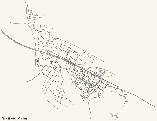 リトアニア ヴィリニュスの4分の1のグリギク長老会 Grigiki Seninija のヴィンテージベージュの背景に黒のシンプルな詳細道路地図 — ストックベクタ