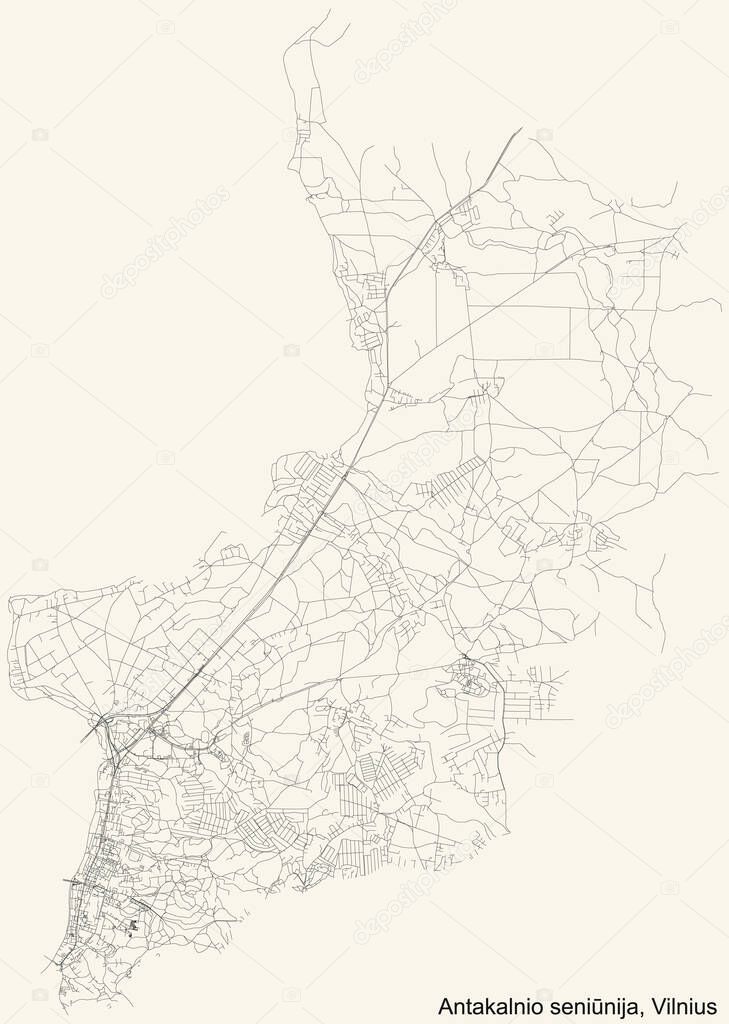 Black simple detailed street roads map on vintage beige background of the quarter Antakalnis eldership (Antakalnio seninija) of Vilnius, Lithuania