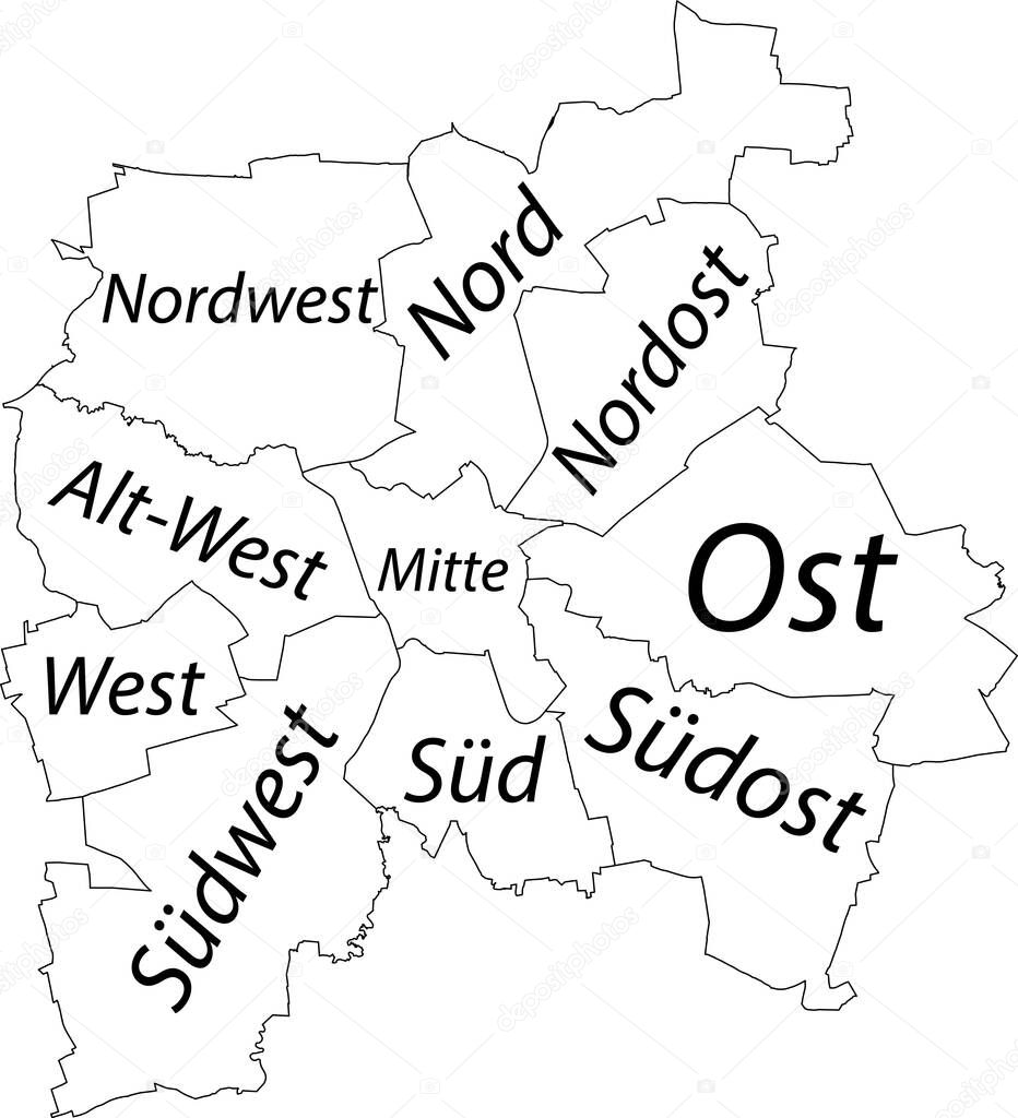 Simple white vector map with black borders and names of districts of Leipzig, Germany