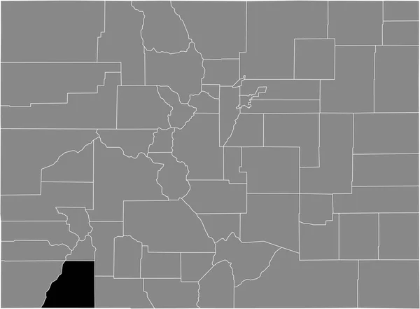 コロラド州の灰色の地図の中にあるアメリカ プラタ郡の黒いハイライトの場所 — ストックベクタ