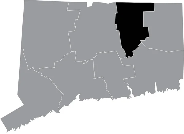 アメリカ合衆国コネチカット州の灰色の地図の中のアメリカトールランド郡の黒いハイライトされた場所の地図 — ストックベクタ