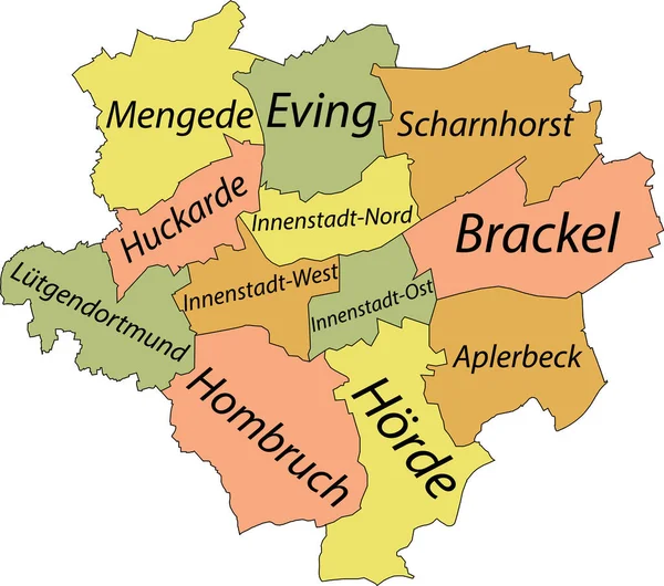 Siyah kenarlı basit pastel vektör haritası ve Almanya 'nın Dortmund ilçelerinin isimleri