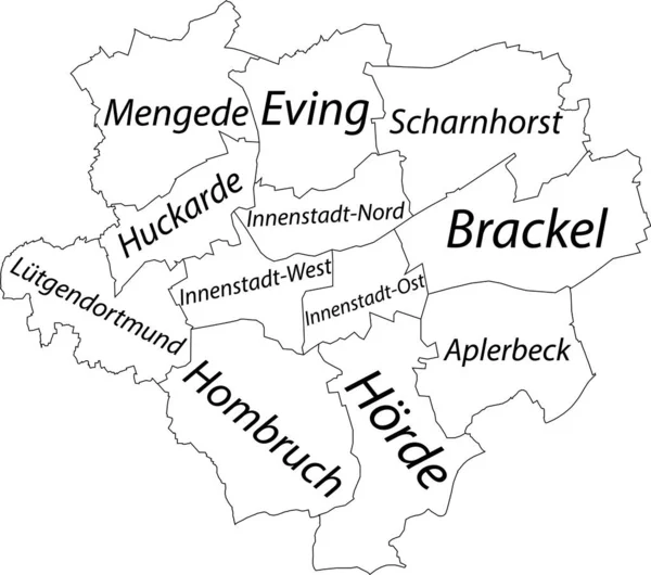 Simple Mapa Vectorial Blanco Con Bordes Negros Nombres Distritos Dortmund — Vector de stock