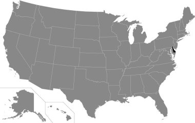 Amerika Birleşik Devletleri 'nin gri haritasında ABD Federal Devleti Delaware' in siyah vurgulanmış konum haritası