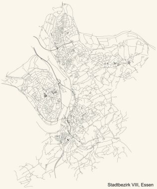 Almanya 'nın Essen eyaletinde yer alan Stadtbezirk VIII (Essen-Ruhrhalbinsel) bölgesinin klasik bej arka plan haritası