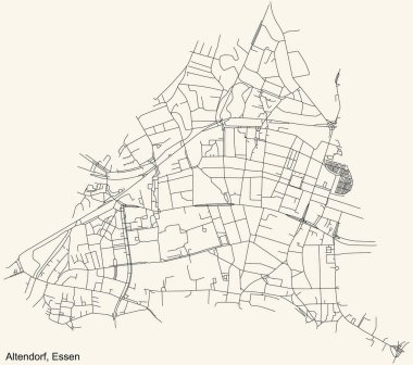 Essen, Almanya 'daki Altendorf Stadtteil bölgesinin klasik bej arka planında siyah basit detaylı yol haritası